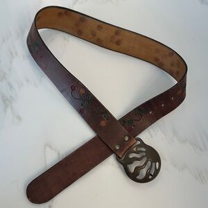Vintage Brown Leather Belt with Floral Design and brass buckle
